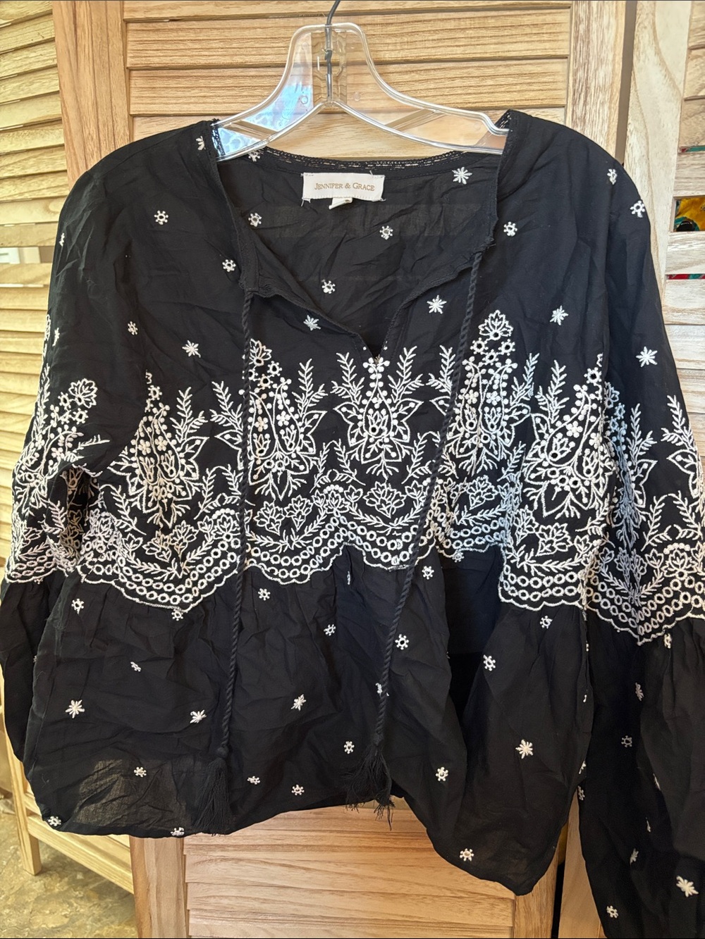 Jennifer and Grace, black Embroidered Peasant Top Medium